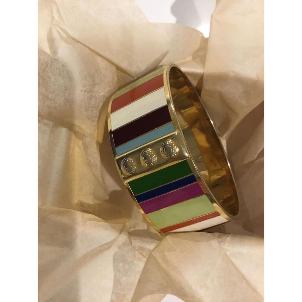 Coach Legacy Gold-tone Stripe Enamel Bangle Cuff Bracelet in Coach Box